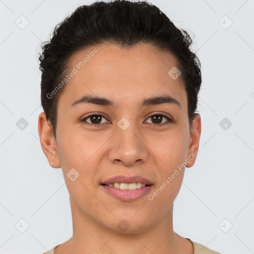 Joyful white young-adult female with short  brown hair and brown eyes