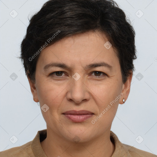 Joyful white adult female with short  brown hair and brown eyes