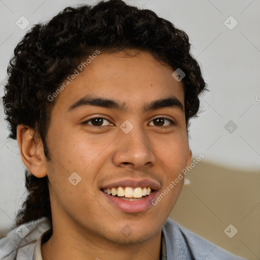 Joyful latino young-adult male with short  brown hair and brown eyes