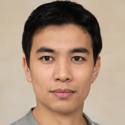 Neutral asian young-adult male with short  black hair and brown eyes