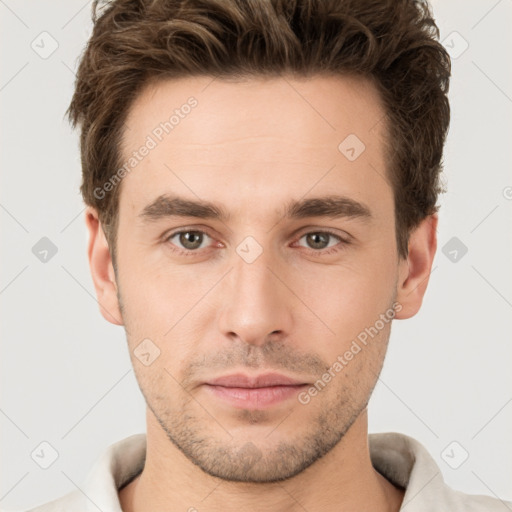 Neutral white young-adult male with short  brown hair and brown eyes