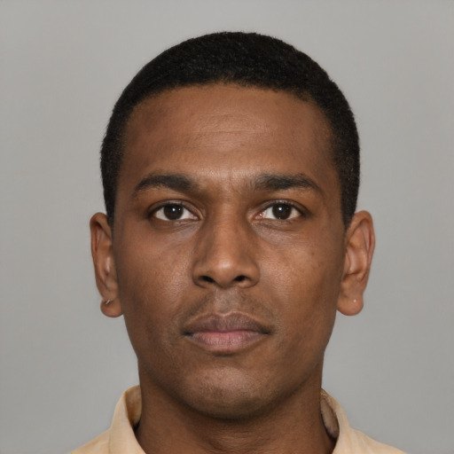 Neutral black young-adult male with short  black hair and brown eyes