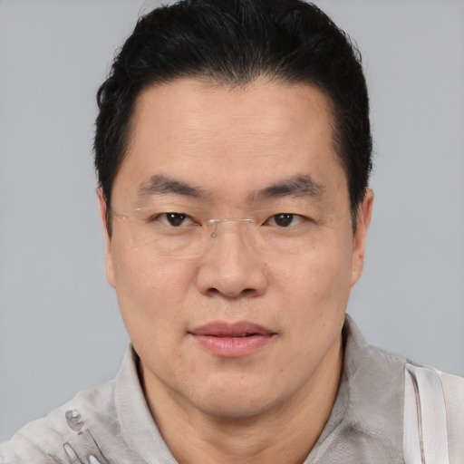 Joyful asian adult male with short  brown hair and brown eyes