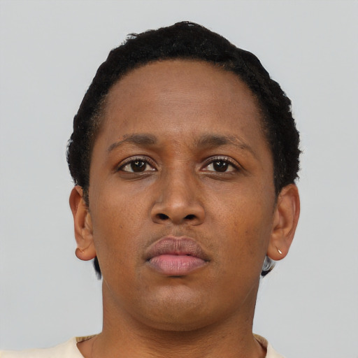 Neutral black young-adult female with short  brown hair and brown eyes