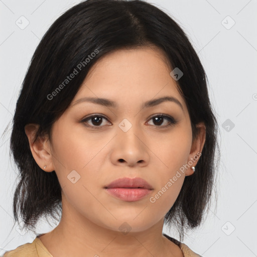 Neutral asian young-adult female with medium  brown hair and brown eyes