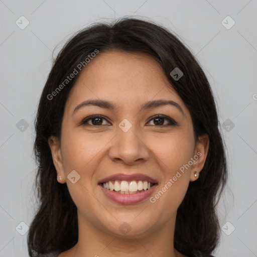 Joyful latino young-adult female with medium  brown hair and brown eyes