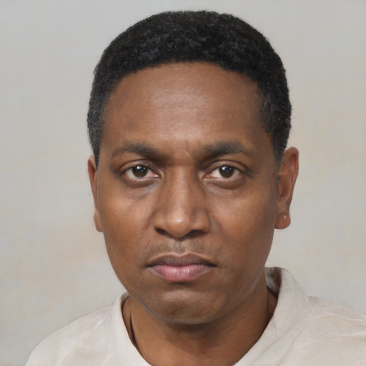Neutral black adult male with short  black hair and brown eyes