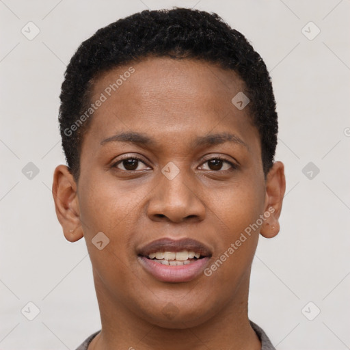 Joyful black young-adult male with short  brown hair and brown eyes