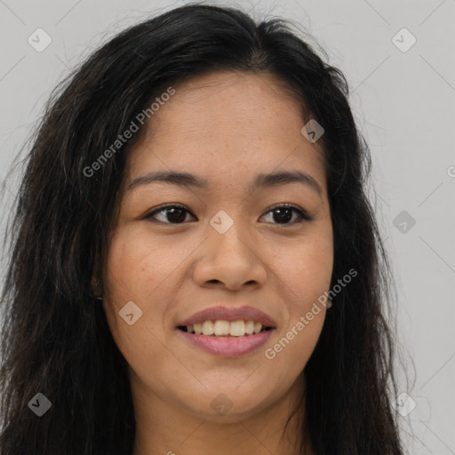 Joyful asian young-adult female with long  brown hair and brown eyes