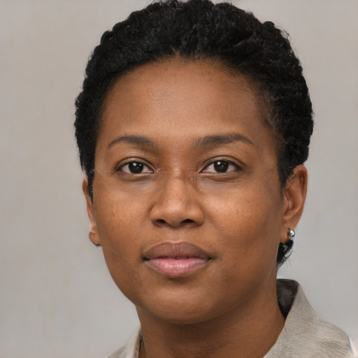 Neutral black young-adult female with short  black hair and brown eyes