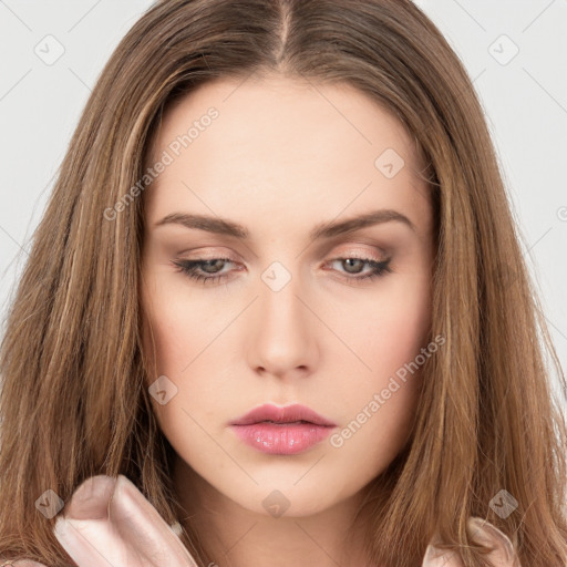 Neutral white young-adult female with long  brown hair and brown eyes