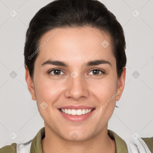 Joyful white young-adult male with medium  brown hair and brown eyes