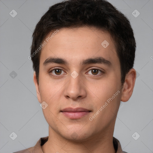 Neutral white young-adult male with short  brown hair and brown eyes