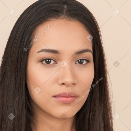 Neutral white young-adult female with long  brown hair and brown eyes