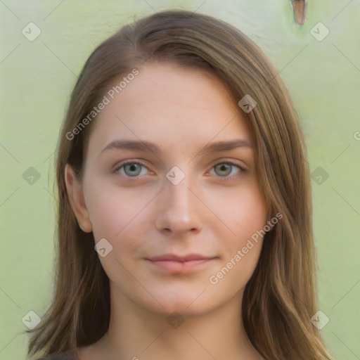 Neutral white young-adult female with long  brown hair and brown eyes