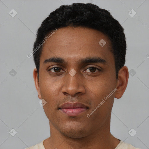 Neutral black young-adult male with short  black hair and brown eyes