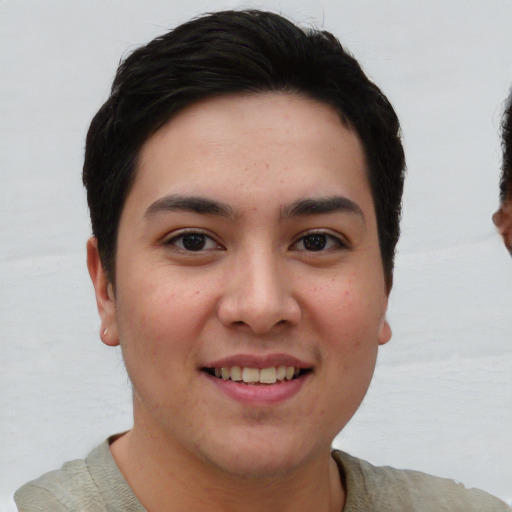 Joyful asian young-adult female with short  brown hair and brown eyes