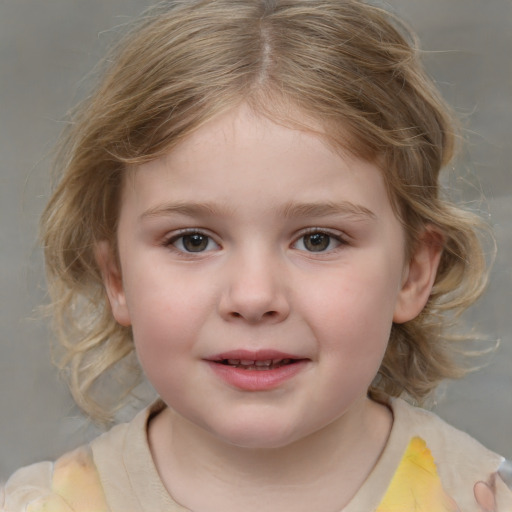 Joyful white child female with medium  brown hair and brown eyes