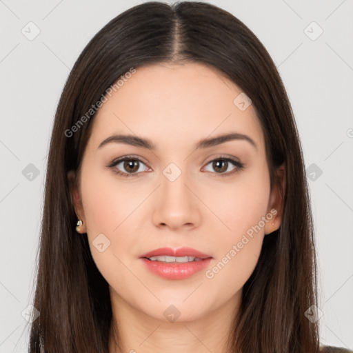 Neutral white young-adult female with long  brown hair and brown eyes