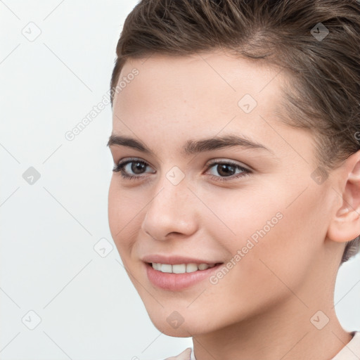 Joyful white young-adult female with short  brown hair and brown eyes