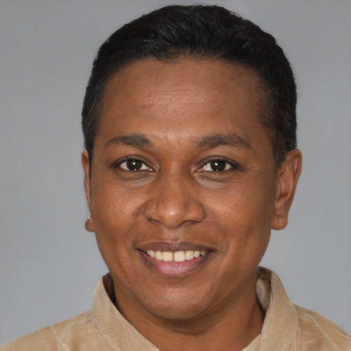 Joyful latino adult male with short  black hair and brown eyes
