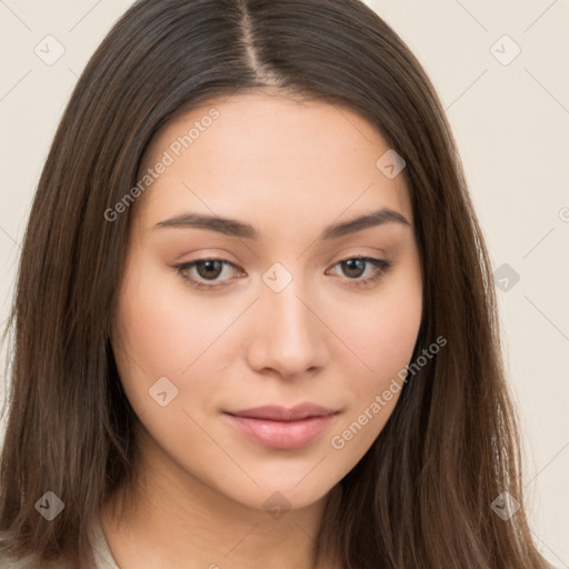 Neutral white young-adult female with long  brown hair and brown eyes