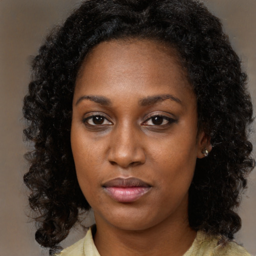 Neutral black young-adult female with medium  black hair and brown eyes