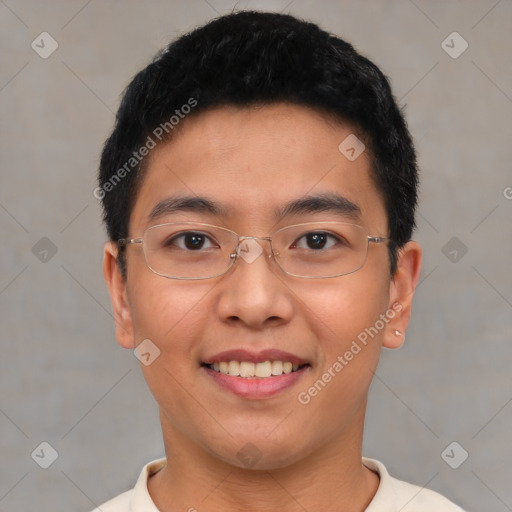 Joyful asian young-adult male with short  black hair and brown eyes