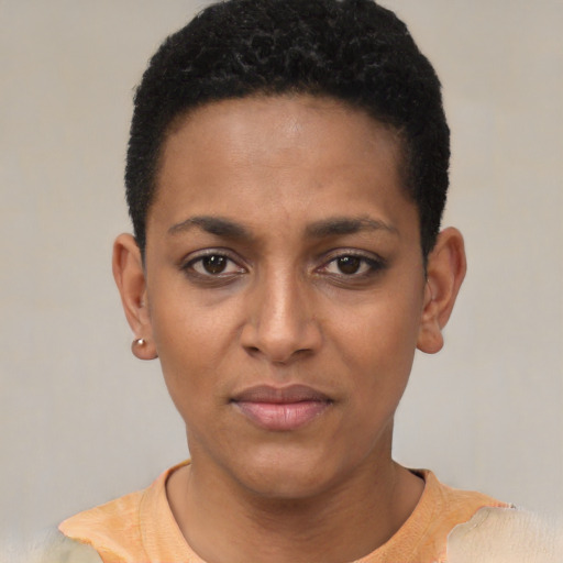 Neutral black young-adult female with short  black hair and brown eyes