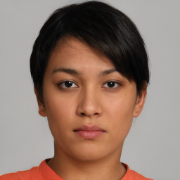 Neutral asian young-adult female with short  brown hair and brown eyes