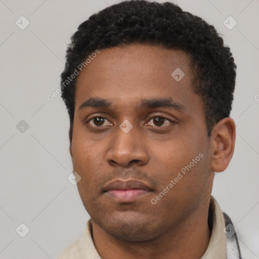 Neutral black young-adult male with short  black hair and brown eyes