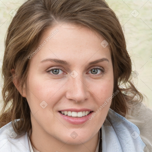 Joyful white young-adult female with medium  brown hair and blue eyes