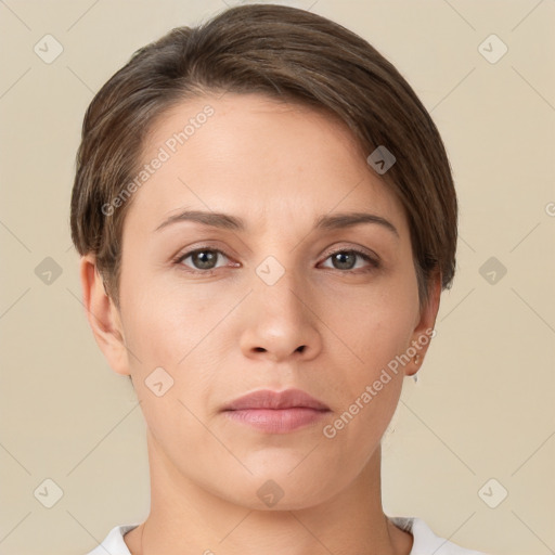 Neutral white young-adult female with short  brown hair and brown eyes