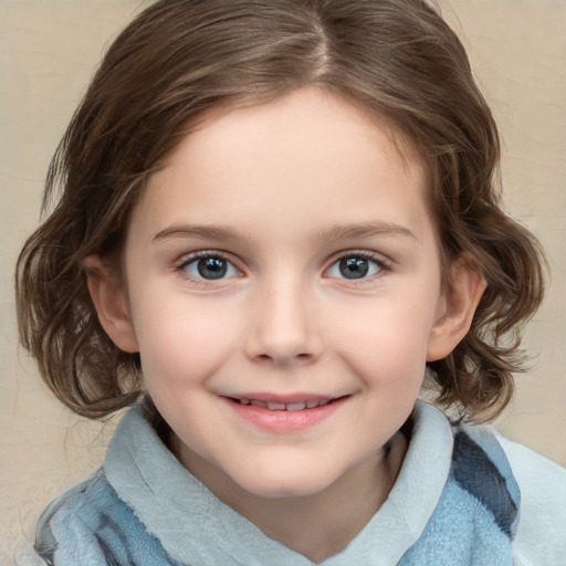 Joyful white child female with medium  brown hair and blue eyes