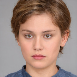 Neutral white young-adult female with medium  brown hair and grey eyes