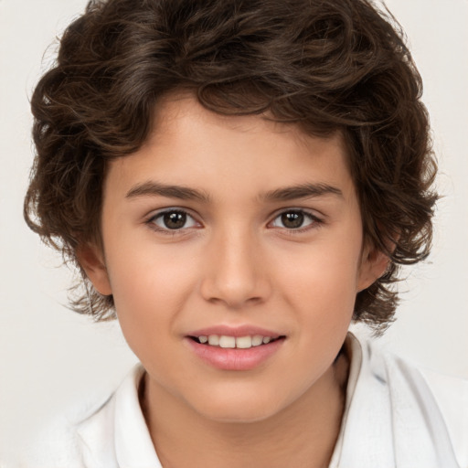 Joyful white child female with medium  brown hair and brown eyes