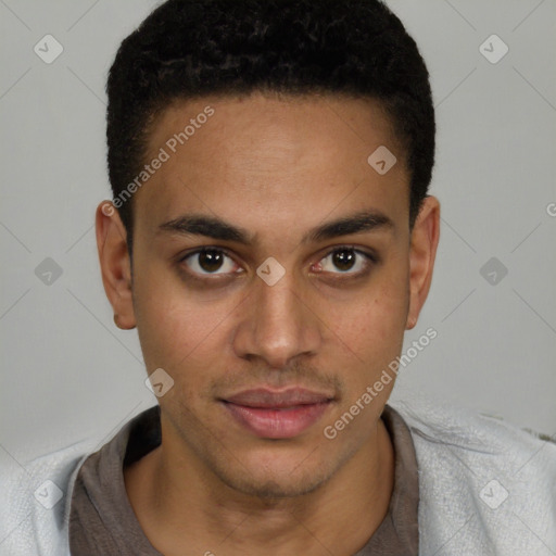 Neutral latino young-adult male with short  black hair and brown eyes