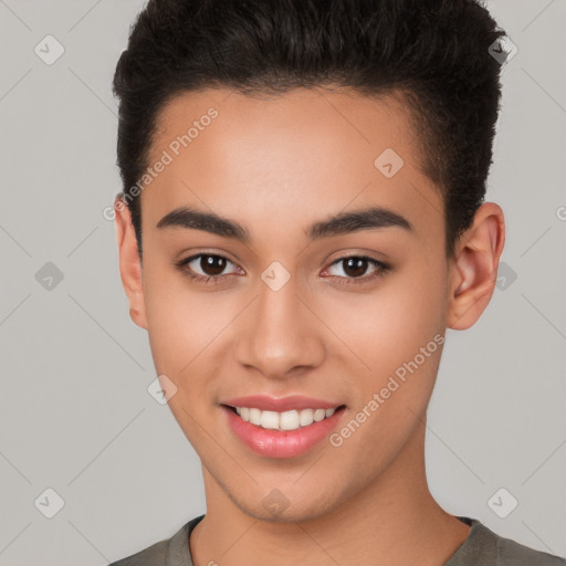 Joyful white young-adult female with short  brown hair and brown eyes