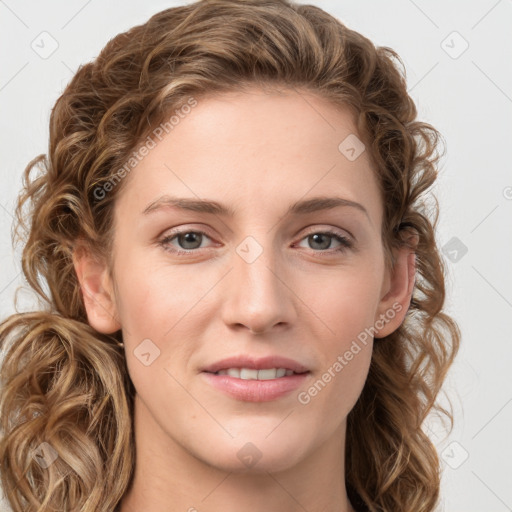 Joyful white young-adult female with medium  brown hair and green eyes