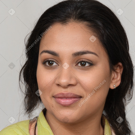 Joyful latino young-adult female with medium  brown hair and brown eyes