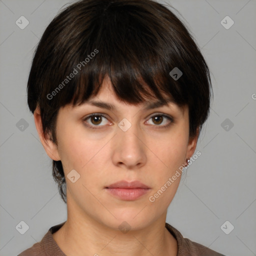 Neutral white young-adult female with medium  brown hair and brown eyes