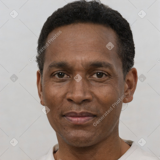 Neutral black adult male with short  black hair and brown eyes