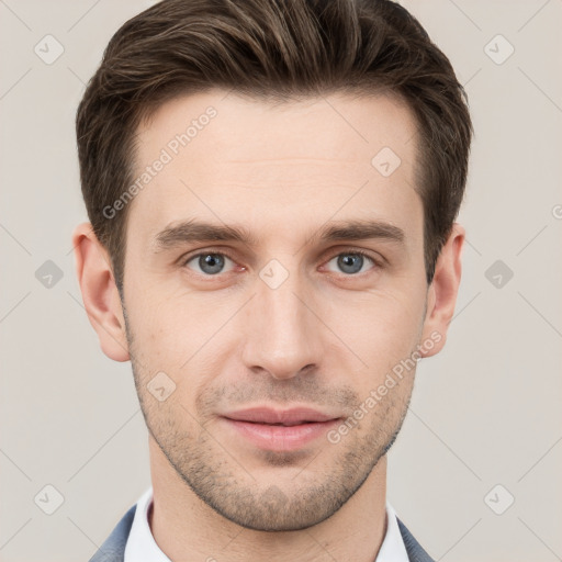 Neutral white young-adult male with short  brown hair and grey eyes