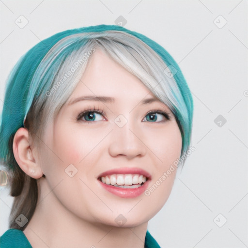 Joyful white young-adult female with medium  brown hair and blue eyes