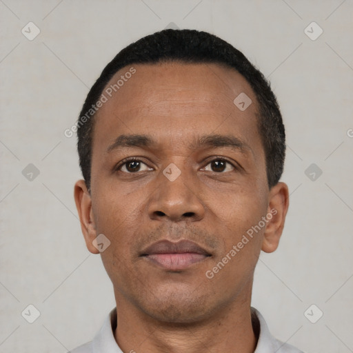 Neutral black young-adult male with short  black hair and brown eyes