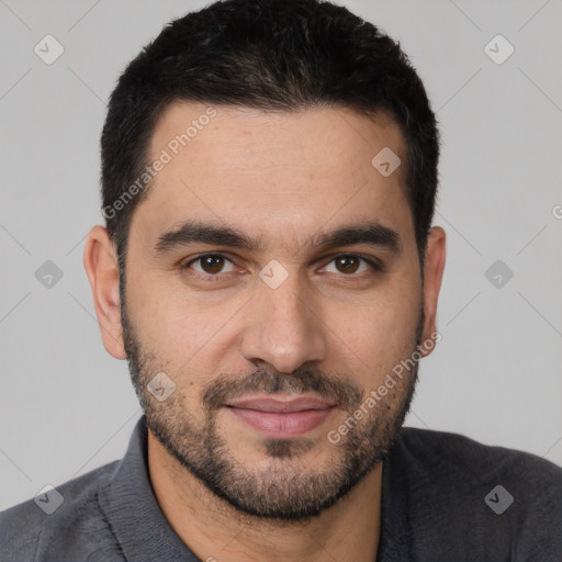 Joyful white young-adult male with short  black hair and brown eyes