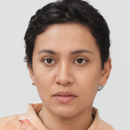 Neutral asian young-adult female with short  brown hair and brown eyes