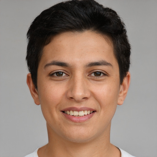 Joyful white young-adult female with short  brown hair and brown eyes