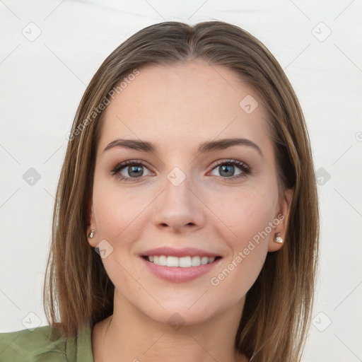 Joyful white young-adult female with long  brown hair and grey eyes