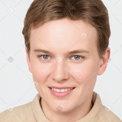 Joyful white young-adult female with short  brown hair and grey eyes